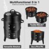 3 In 1 Vertical Charcoal Smoker,16 Inches Separable BBQ Smoker Grill Combo With Built-In Thermometer & Easy TEMP Adjustable Vent For Outdoor Cooking