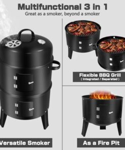 3 In 1 Vertical Charcoal Smoker,16 Inches Separable BBQ Smoker Grill Combo With Built-In Thermometer & Easy TEMP Adjustable Vent For Outdoor Cooking