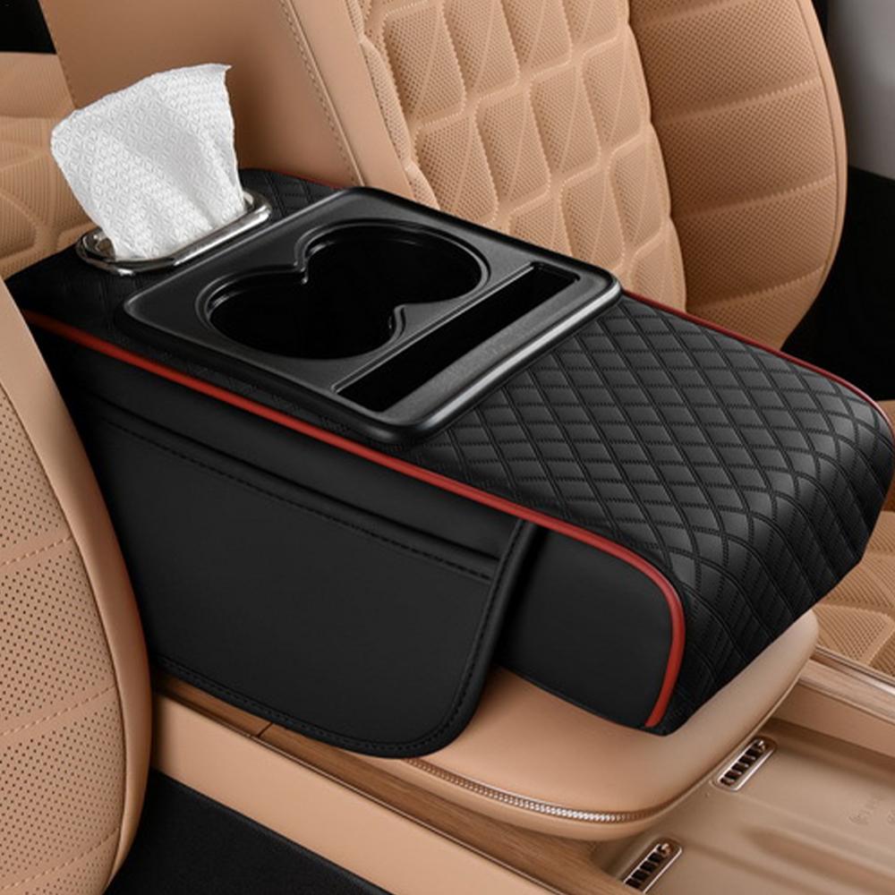 Premium Leather Car Cup Holder Console with Tissue Box - Image 3