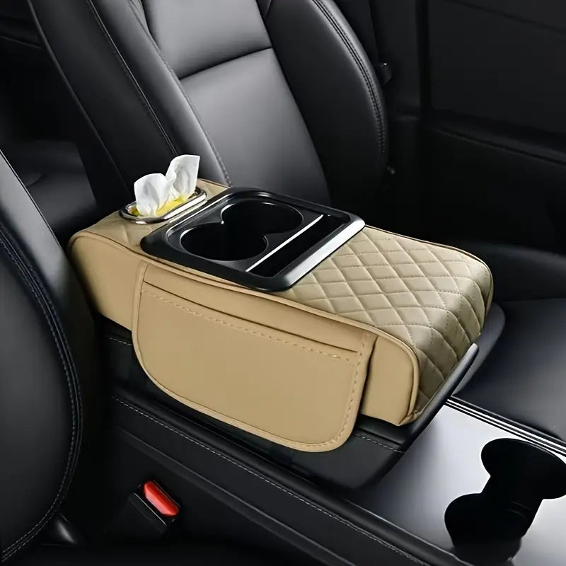 Premium Leather Car Cup Holder Console with Tissue Box - Image 2