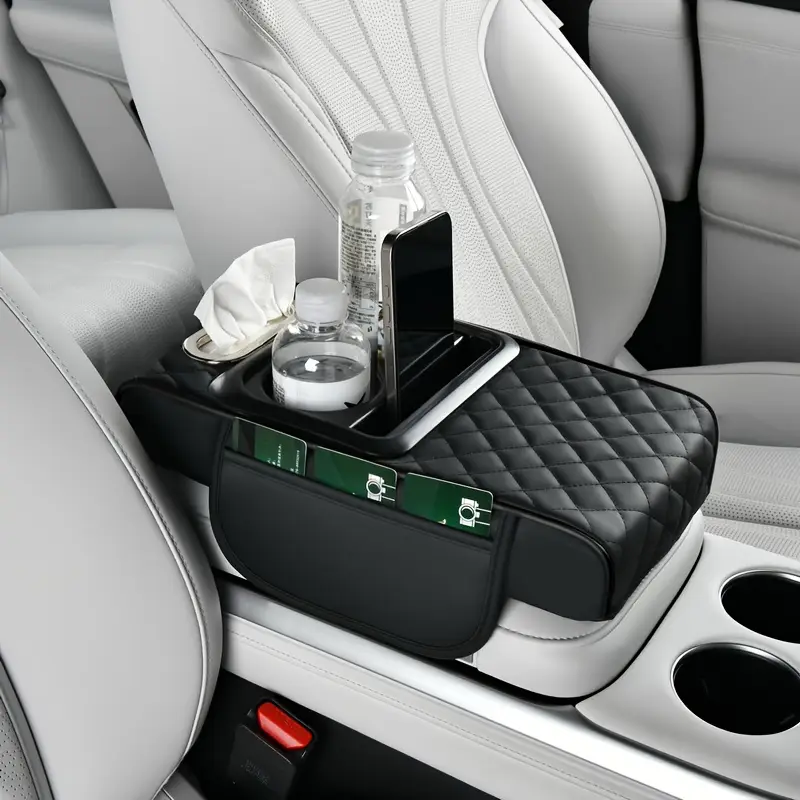 Premium Leather Car Cup Holder Console with Tissue Box