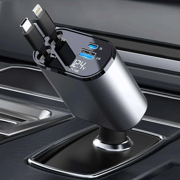 4-In-1 Retractable Car Mobile Fast Charger – Fast Charging Multi-Cable USB Car Charger for All Devices