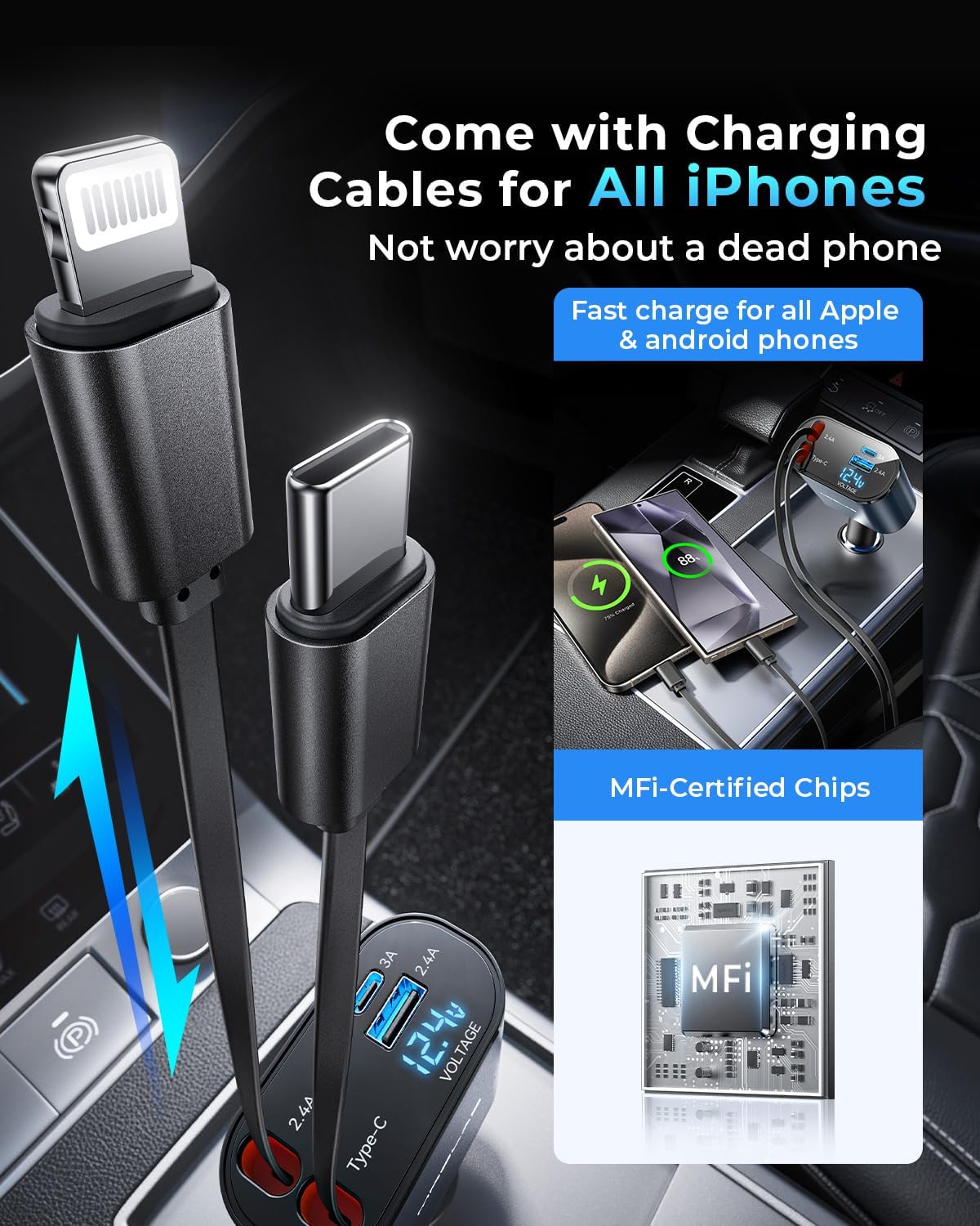 4-In-1 Retractable Car Mobile Fast Charger – Fast Charging Multi-Cable USB Car Charger for All Devices - Image 9