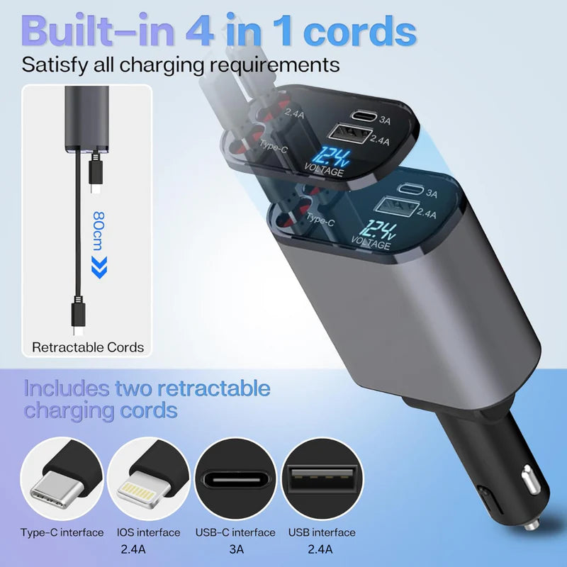 4-In-1 Retractable Car Mobile Fast Charger – Fast Charging Multi-Cable USB Car Charger for All Devices - Image 11